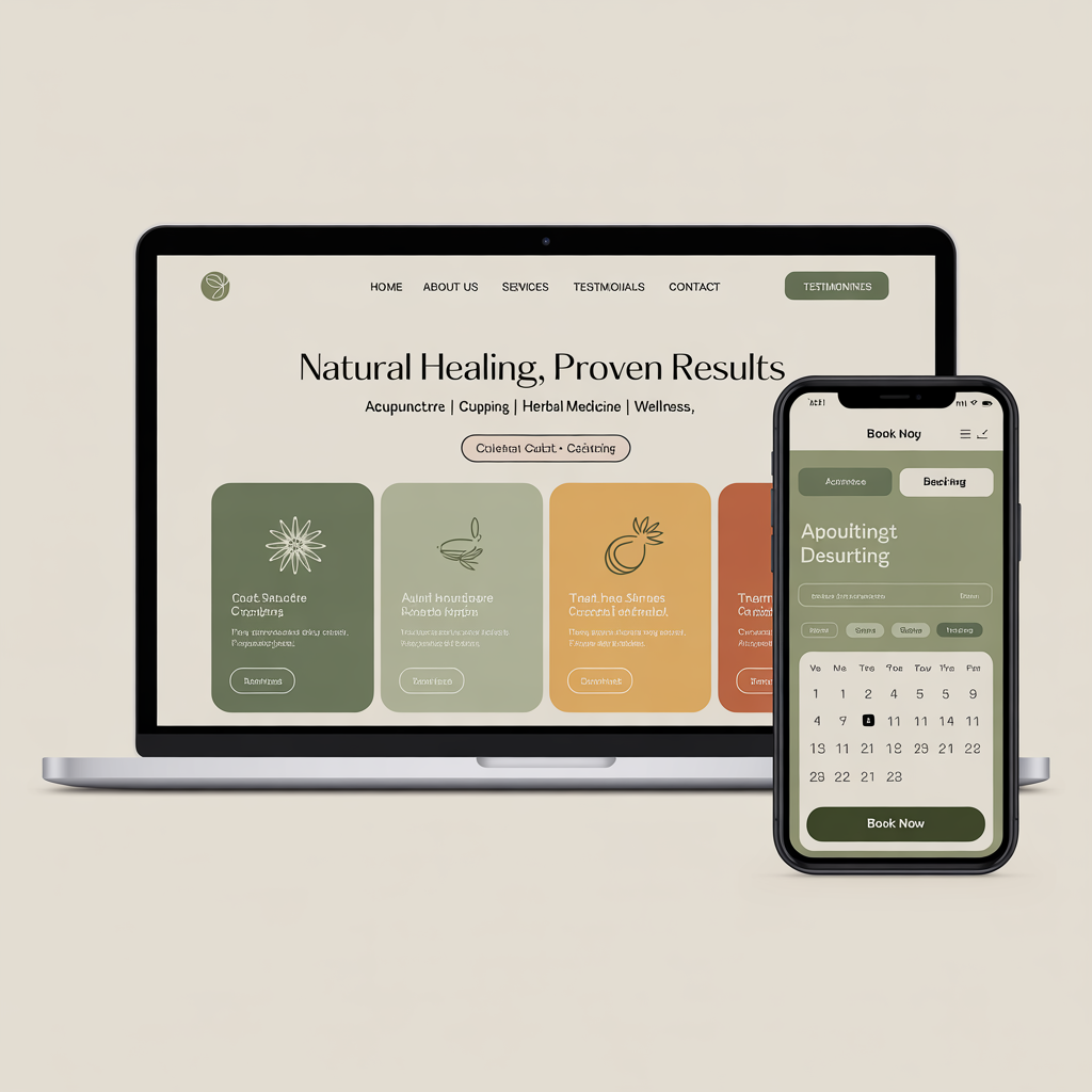 Acupuncture clinic website with booking on laptop and mobile