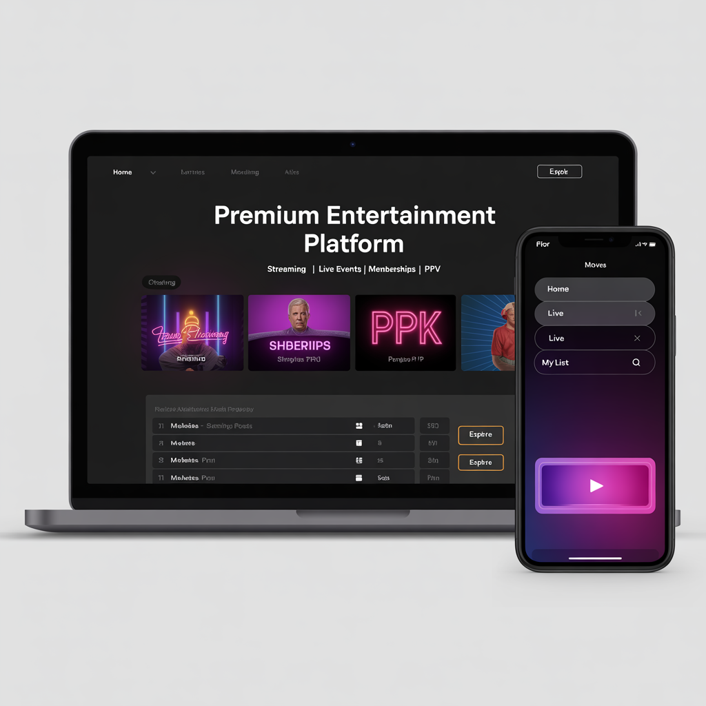 Premium entertainment platform with streaming and memberships on laptop and mobile