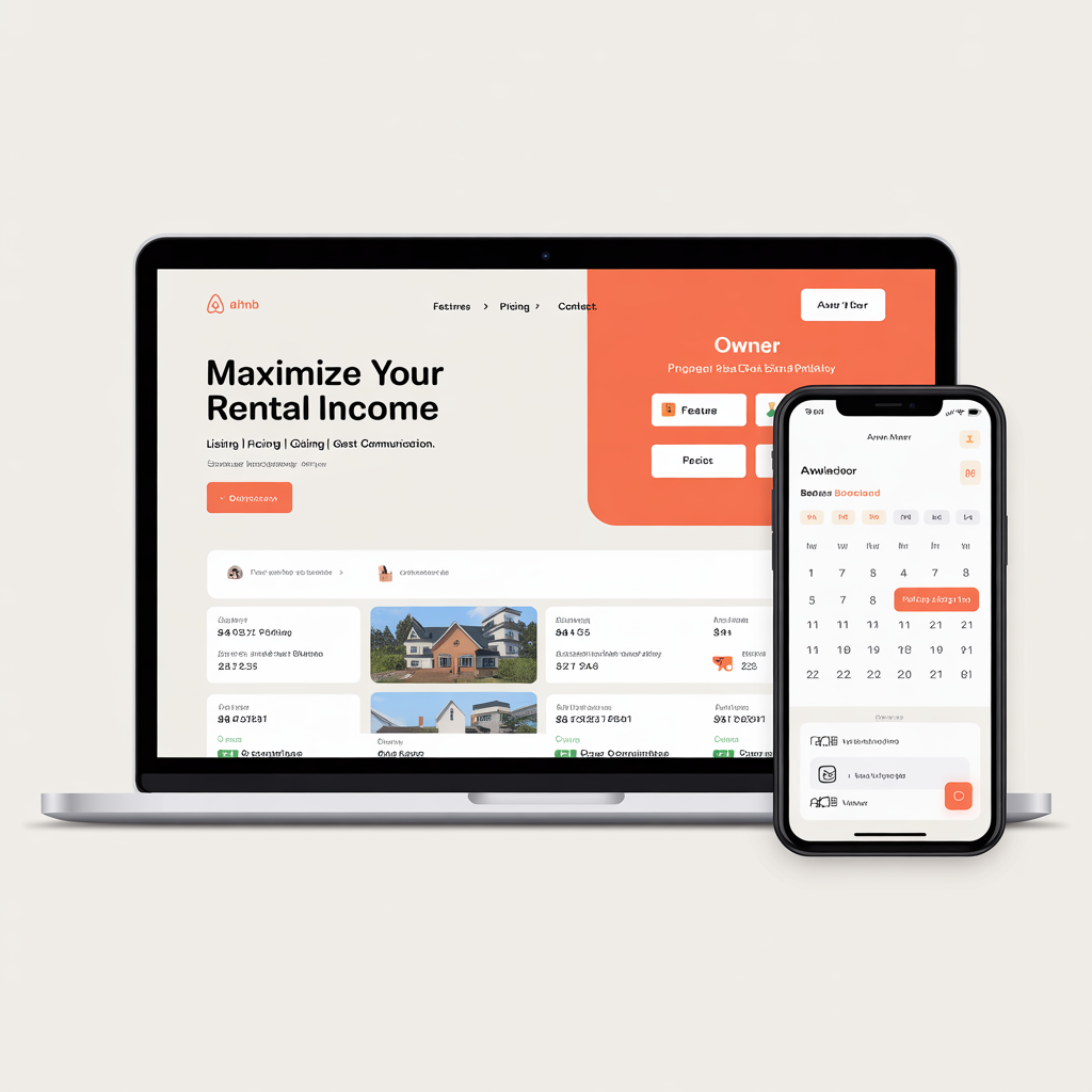 Airbnb management website with owner dashboard on laptop and mobile