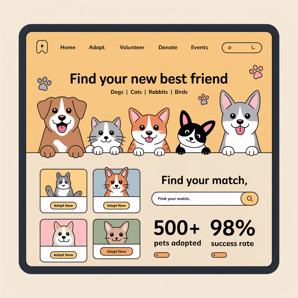 Animal shelter website with adoptable pet search and donation section
