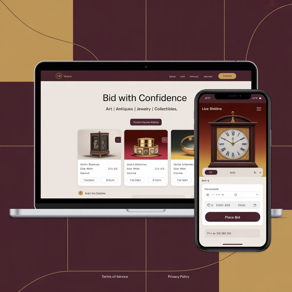 Online auction platform with live bidding on laptop and mobile
