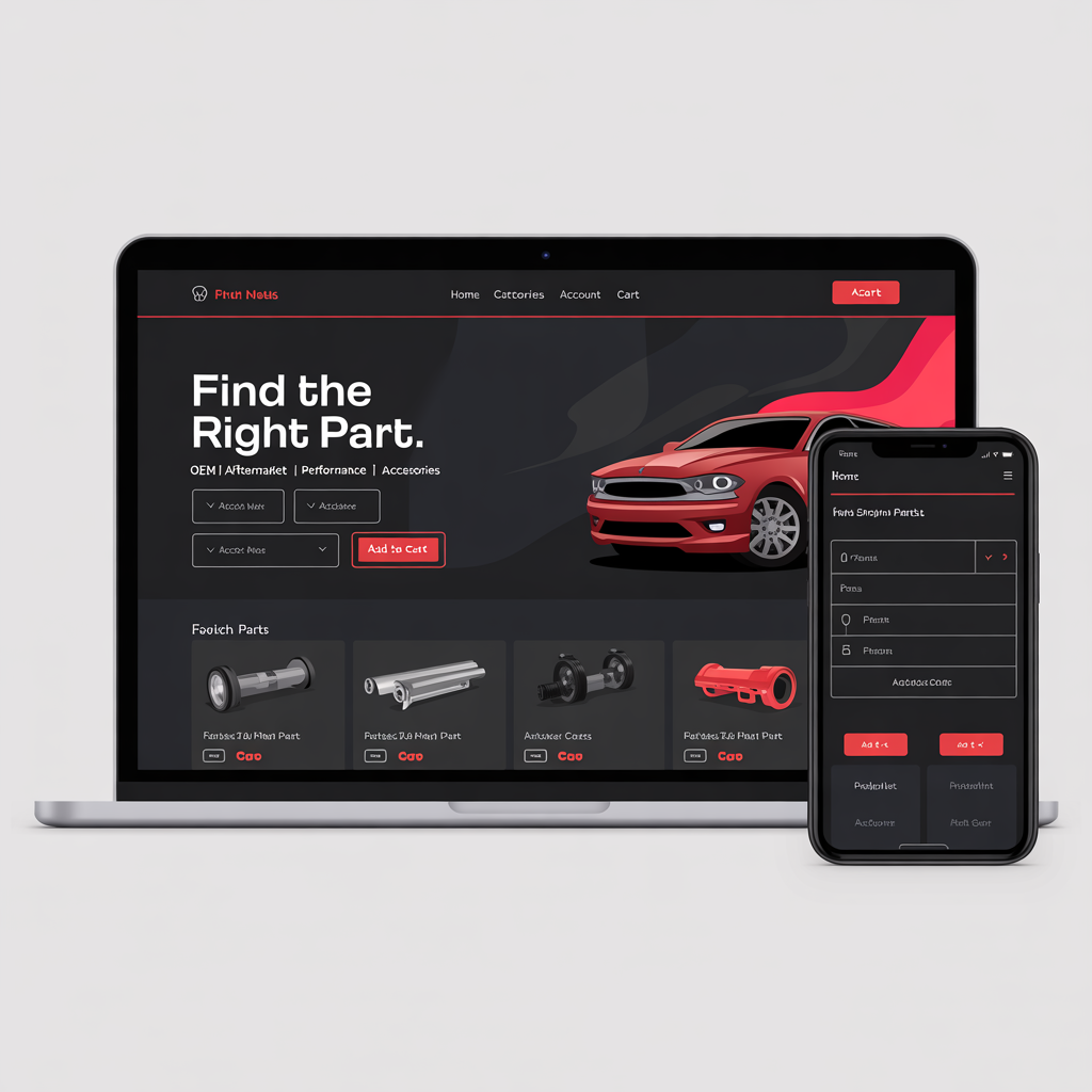 Auto parts e-commerce with vehicle selector on laptop and mobile