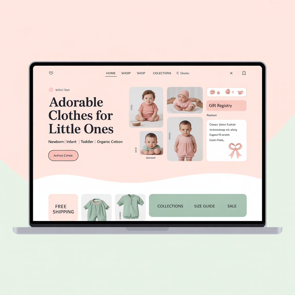 Baby clothing e-commerce with product grid and size guide