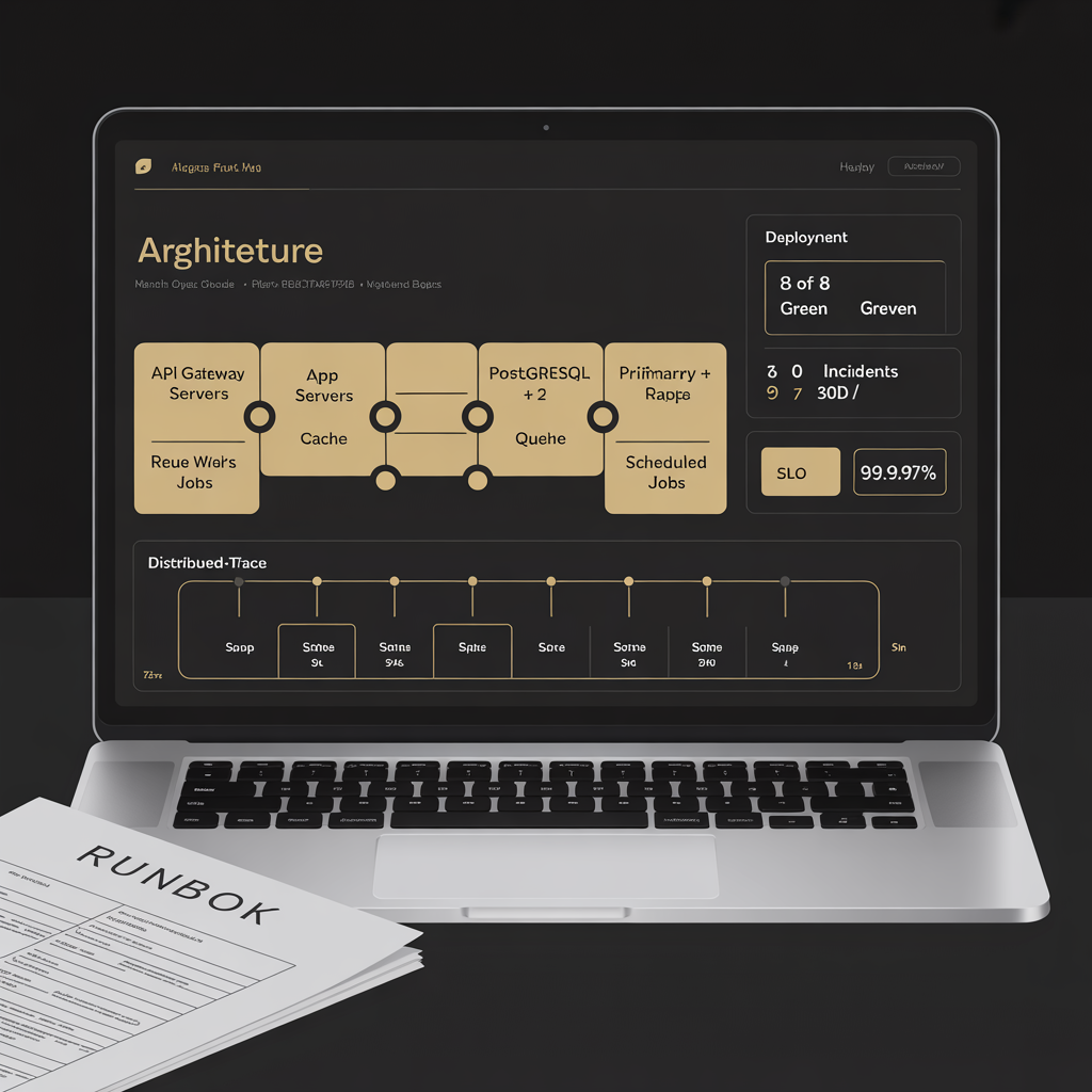 Backend architecture dashboard with API gateway database queue worker observability