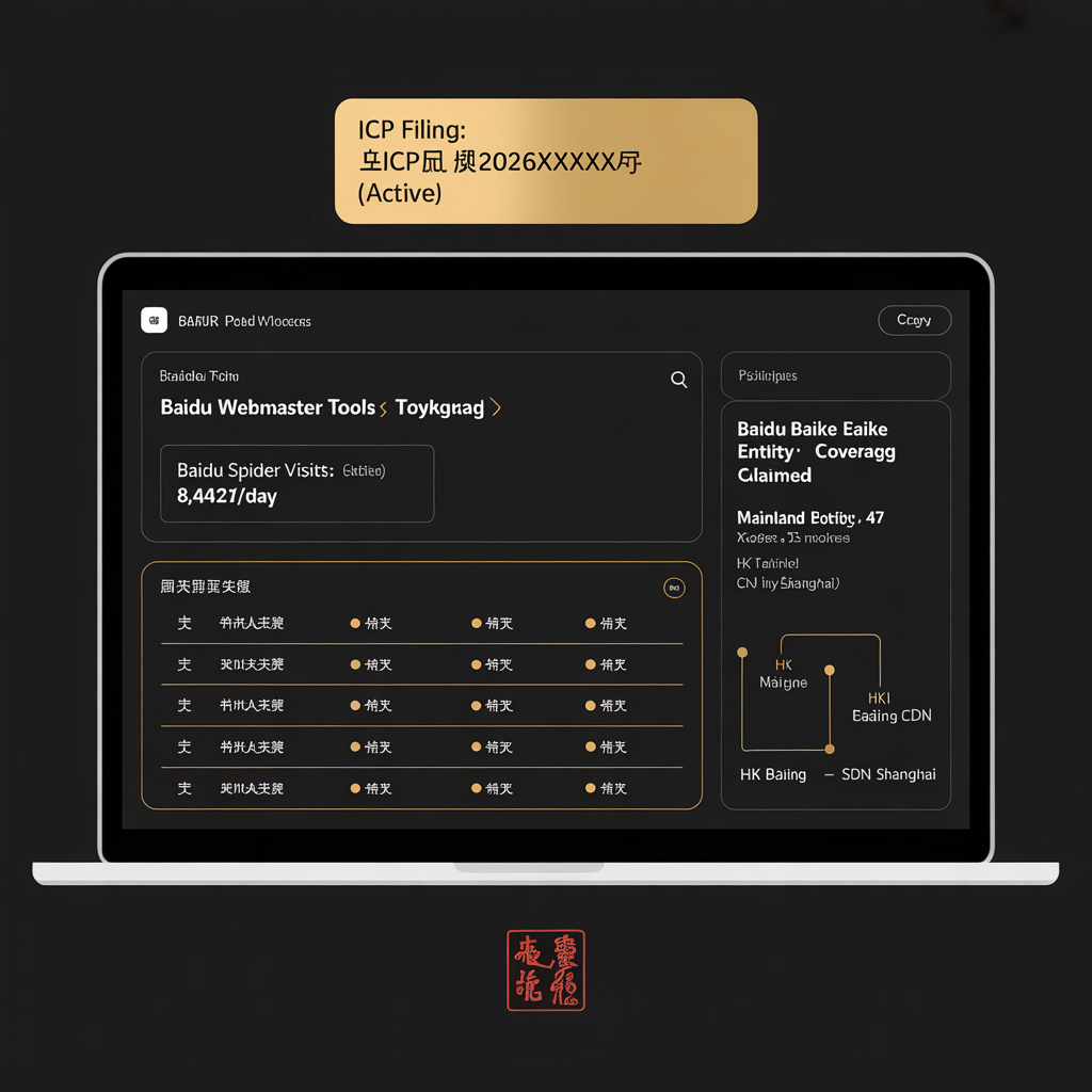 Baidu SEO dashboard for China market with ICP filing and Baidu Webmaster