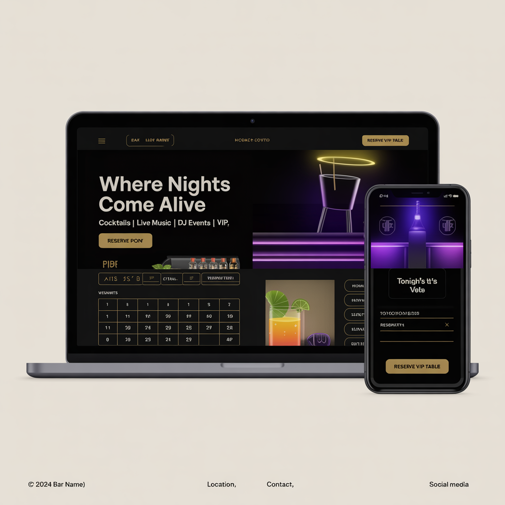 Bar and nightclub website with events and VIP booking on laptop and mobile