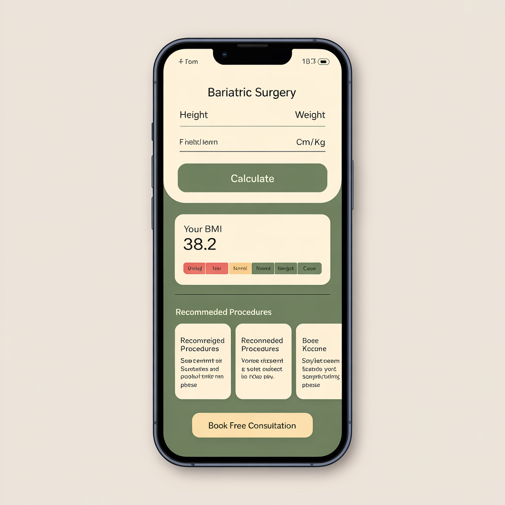 Interactive BMI calculator on bariatric surgery website showing procedure recommendations