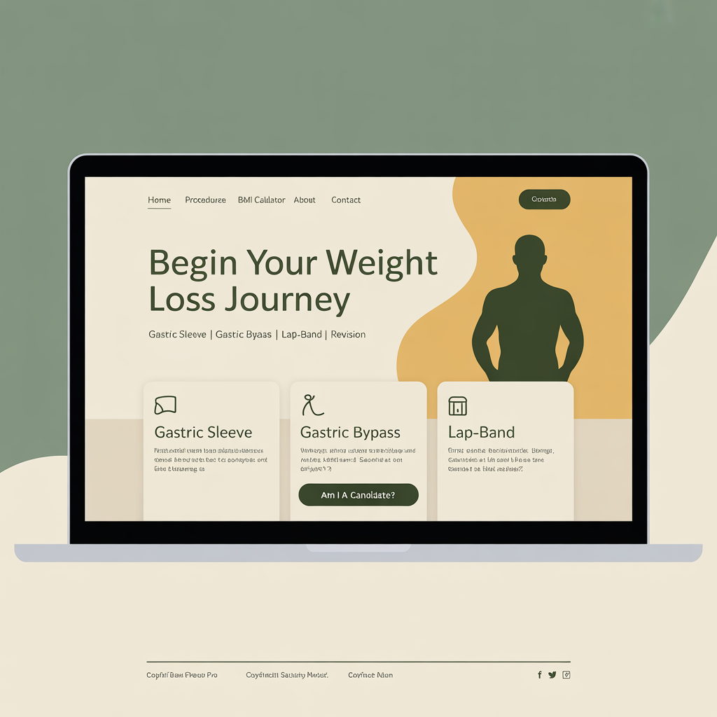 Bariatric surgery website homepage with warm sage green design, procedure cards, and patient journey