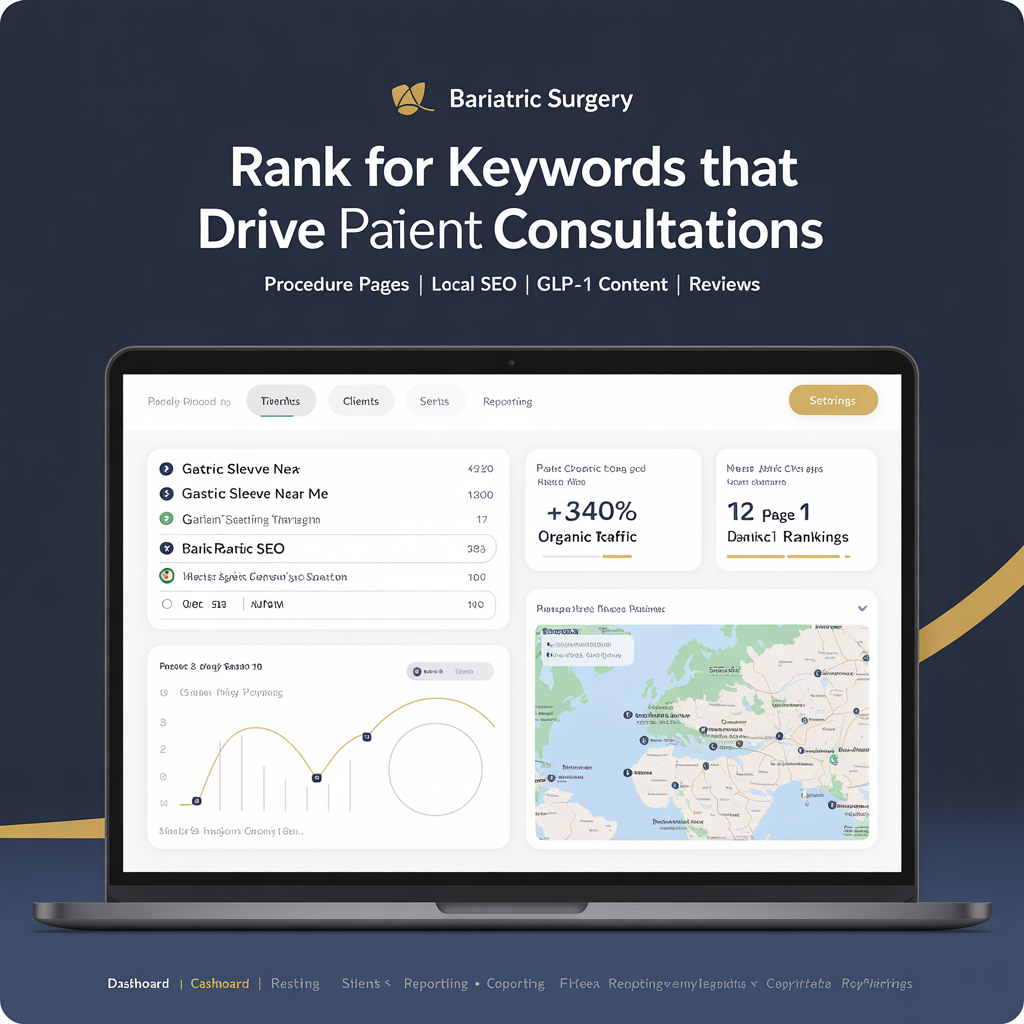 Bariatric surgery SEO dashboard website mockup with keyword rankings and local SEO analytics