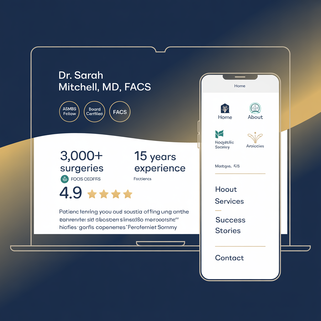 Surgeon profile page with ASMBS credentials, procedure count, and testimonials