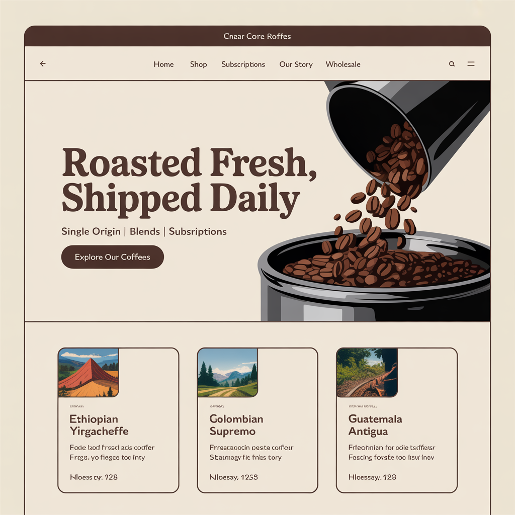 Specialty coffee roaster website with subscription plans and origin stories