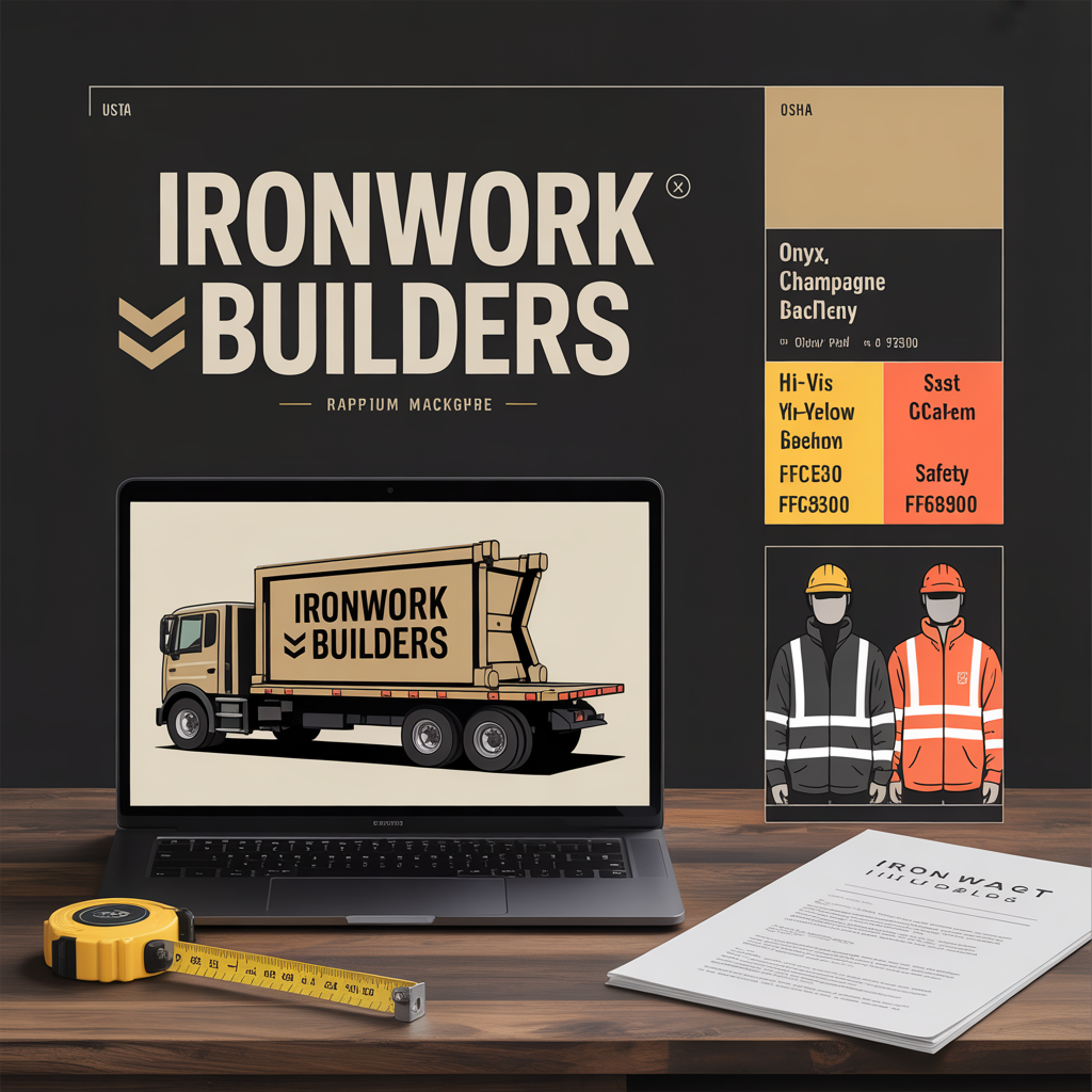 Construction company logo design with durable wordmark truck wrap and high-vis jacket mockups