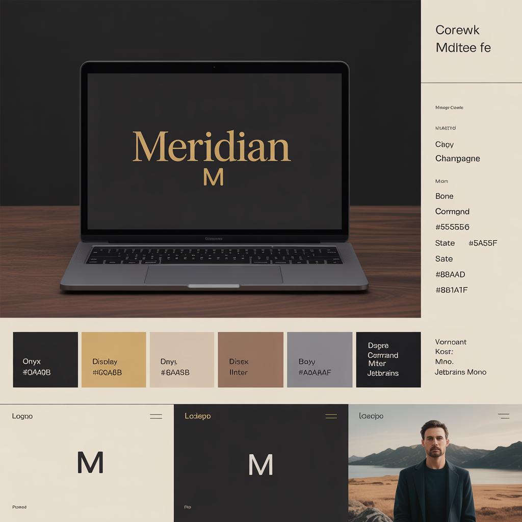 Corporate identity design system showing wordmark monogram color palette typography