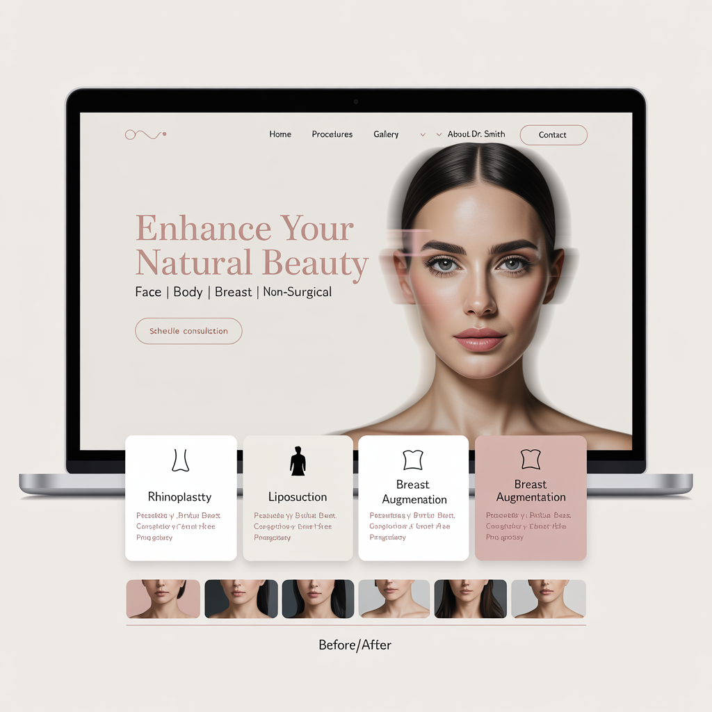 Cosmetic surgery clinic website with before/after gallery and booking