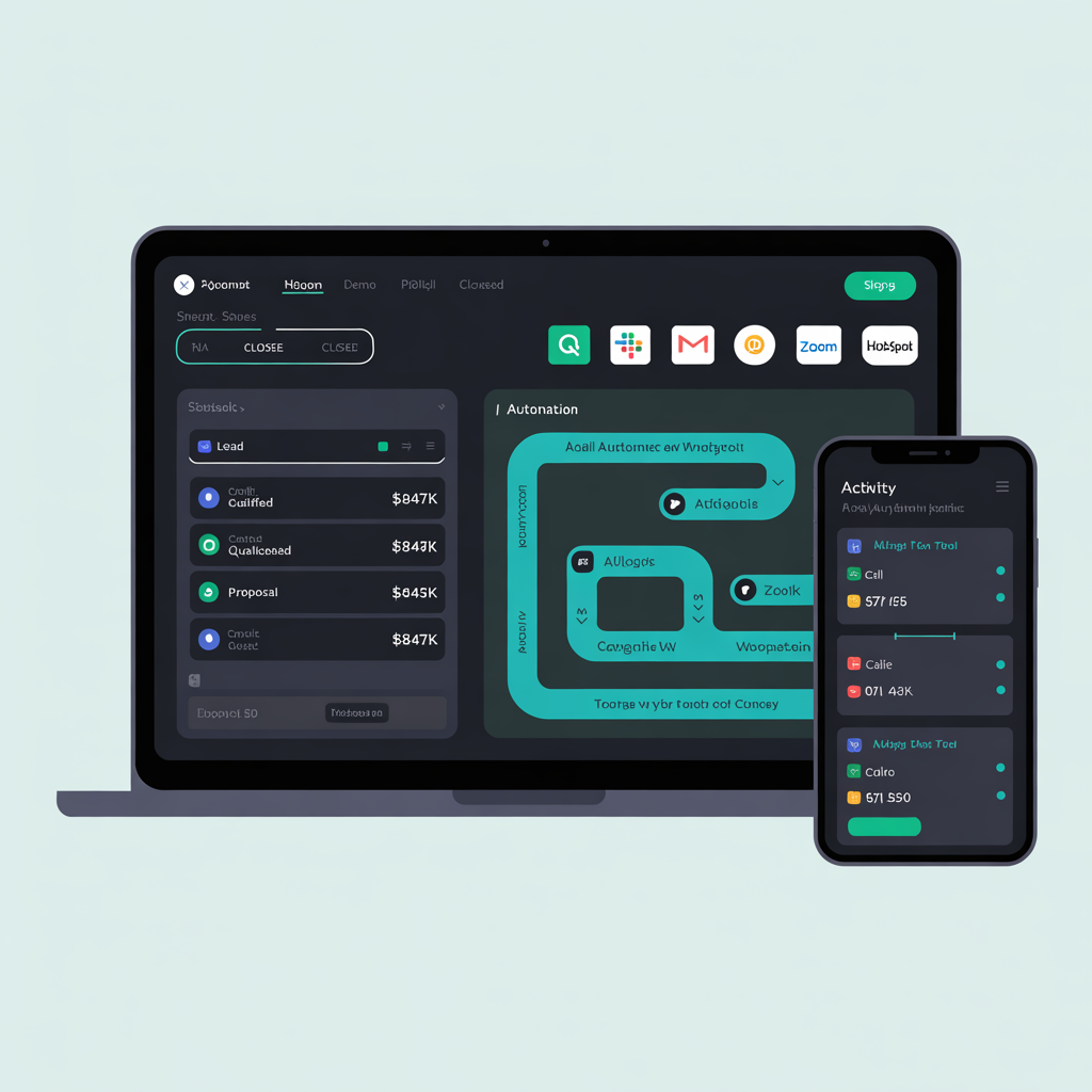 CRM software website with pipeline dashboard and automation workflow builder