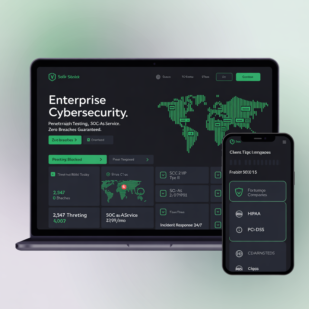 Cybersecurity firm website with threat dashboard and penetration testing services