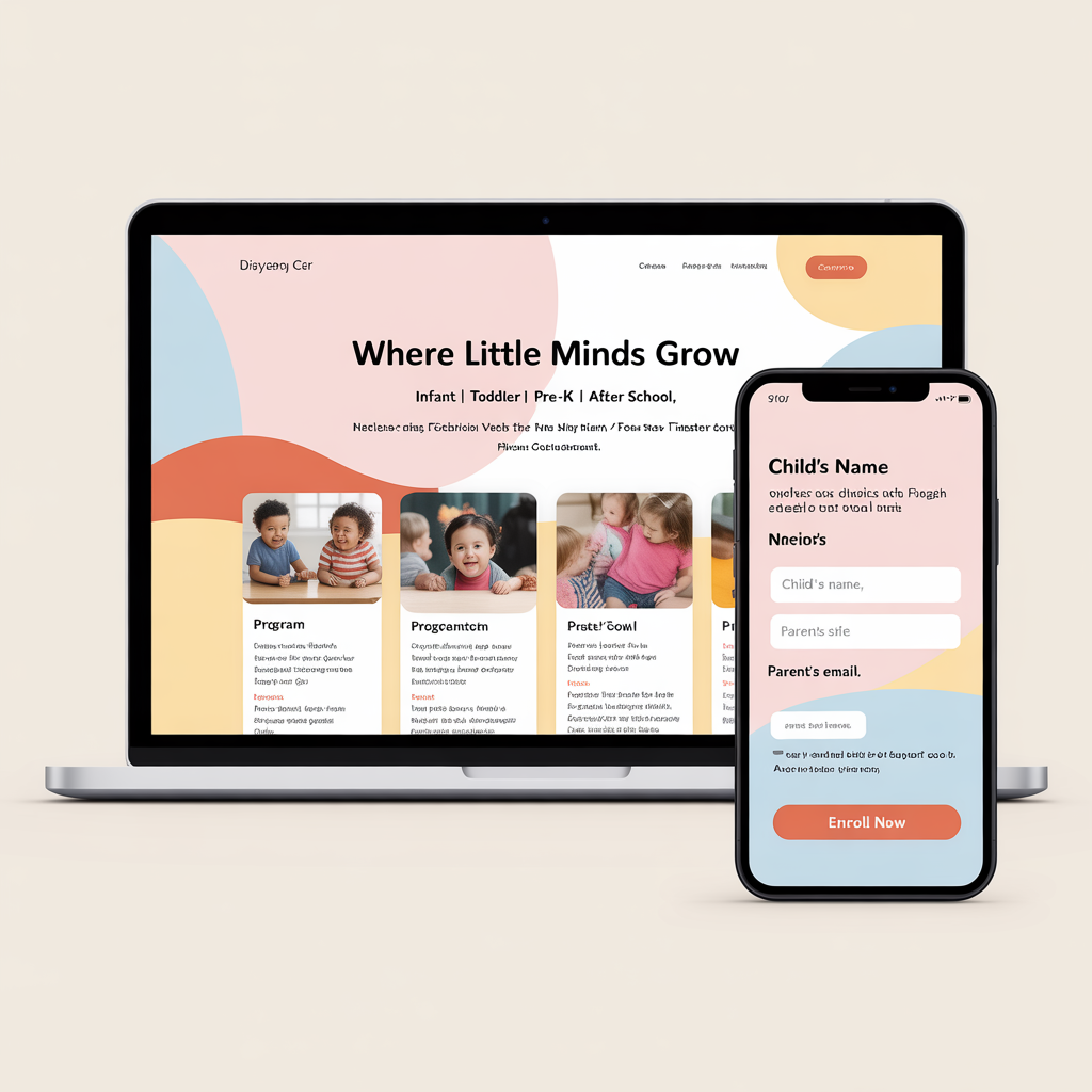 Daycare center website with enrollment form on laptop and mobile