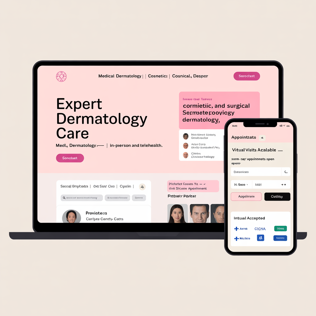 Dermatology clinic website with condition library and appointment booking