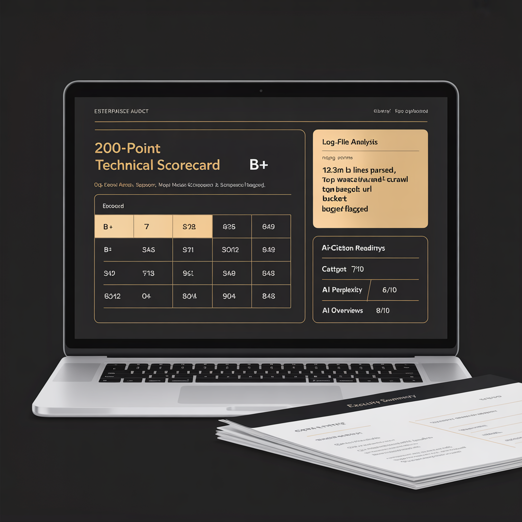 Enterprise SEO audit report dashboard with 200-point technical scorecard executive summary
