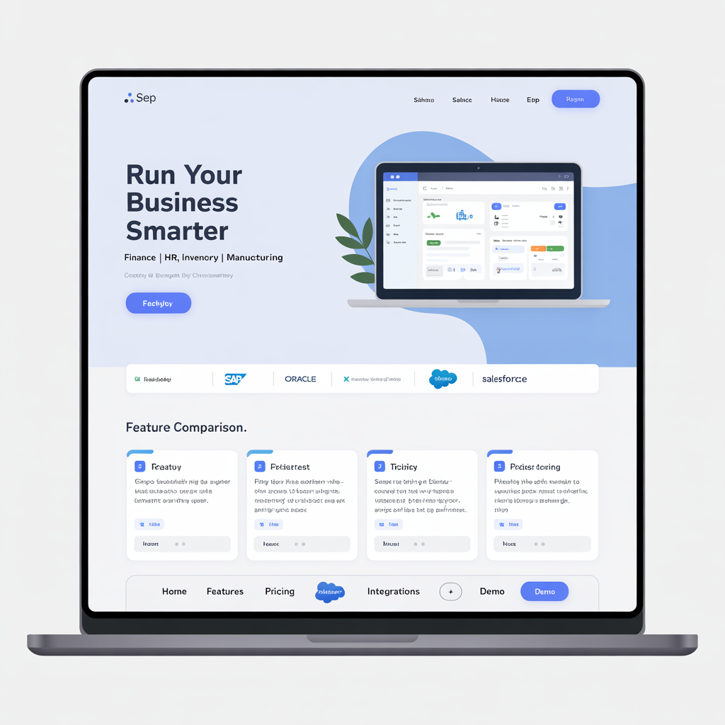 ERP software website with dashboard preview and feature comparison