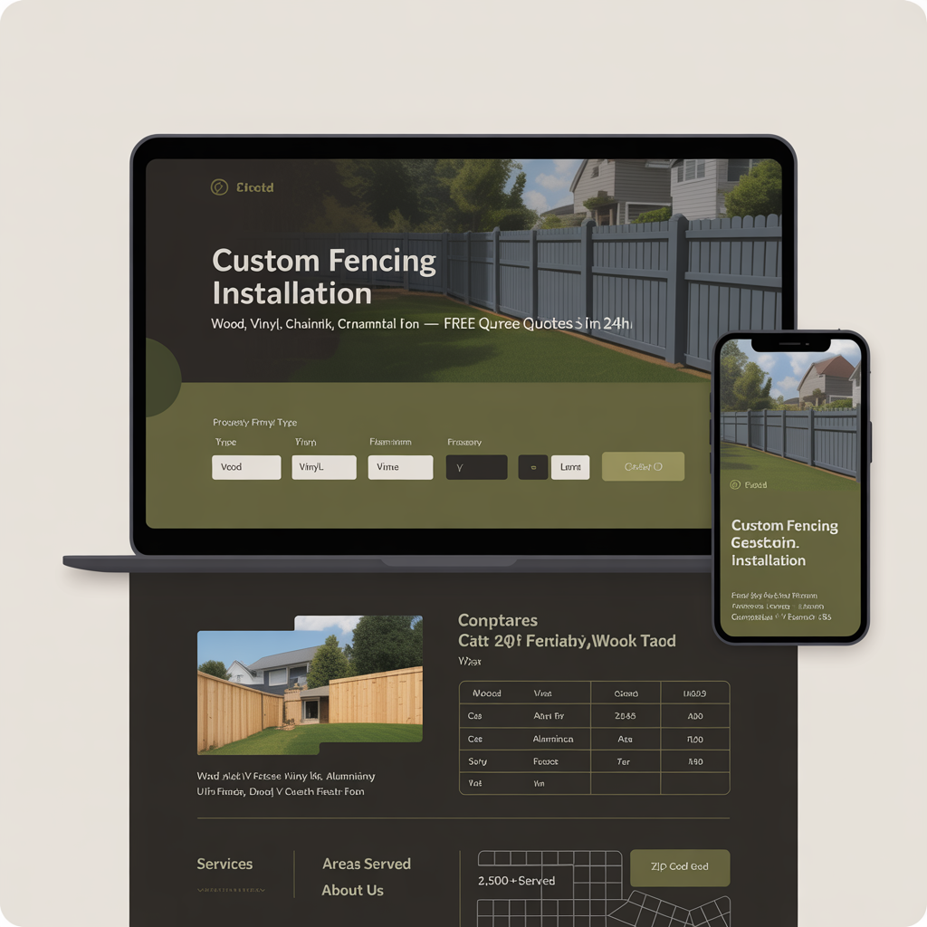 Fencing company website with fence builder tool and project gallery
