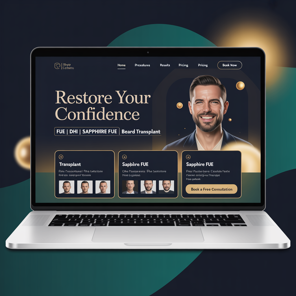Hair transplant tourism website mockup with technique comparison and graft calculator
