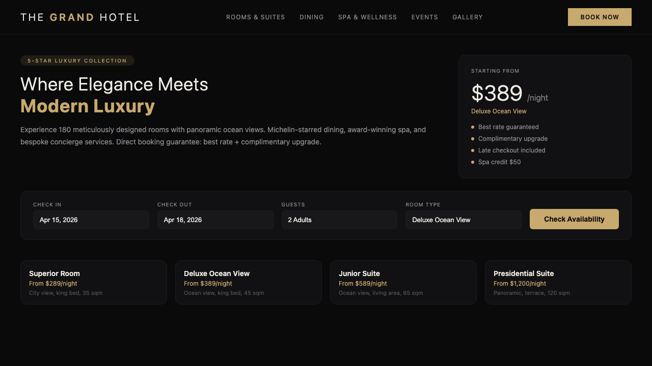 Luxury hotel booking website mockup