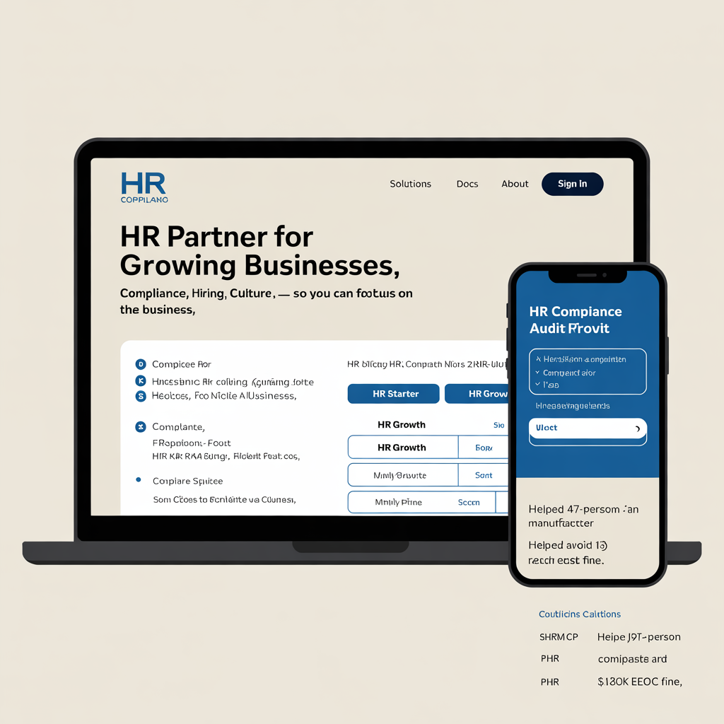HR consulting firm website with service packages and compliance audit tool