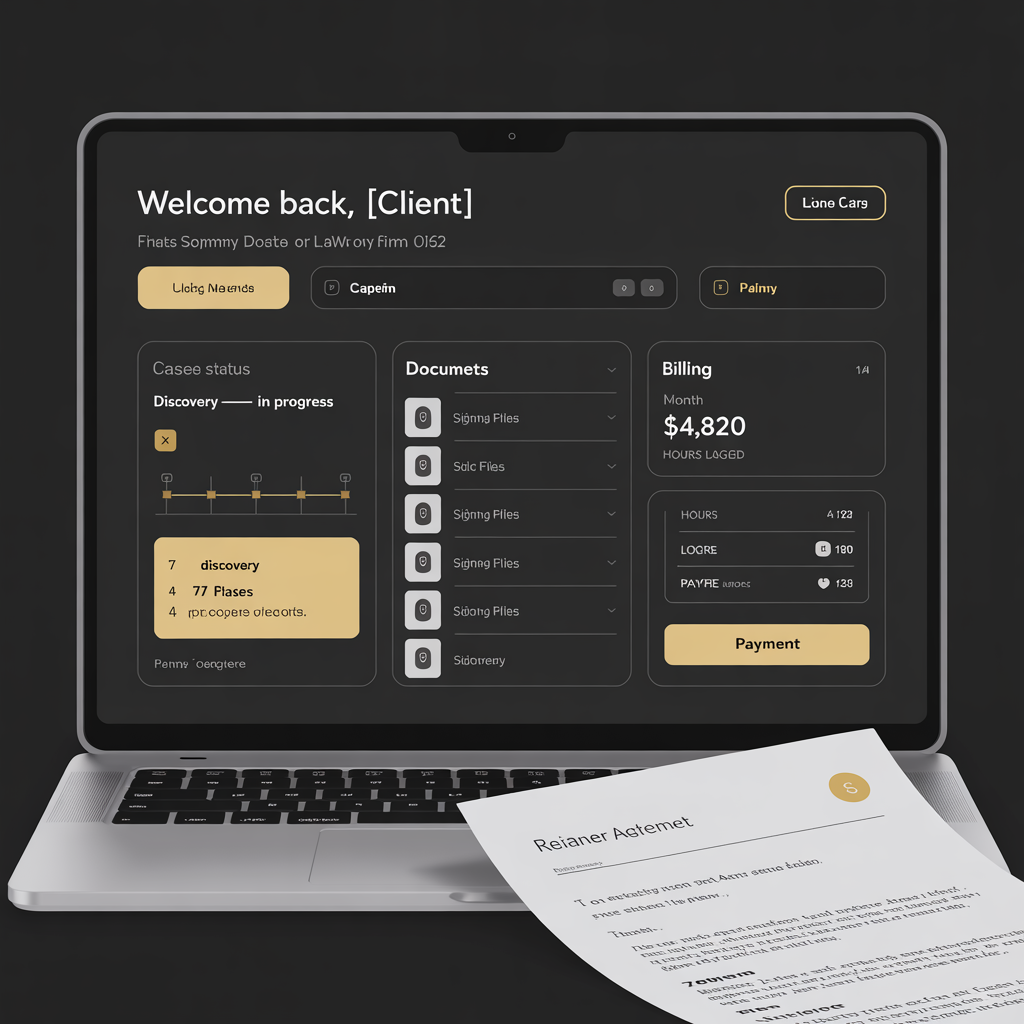 Law firm client portal with case timeline document share and billing