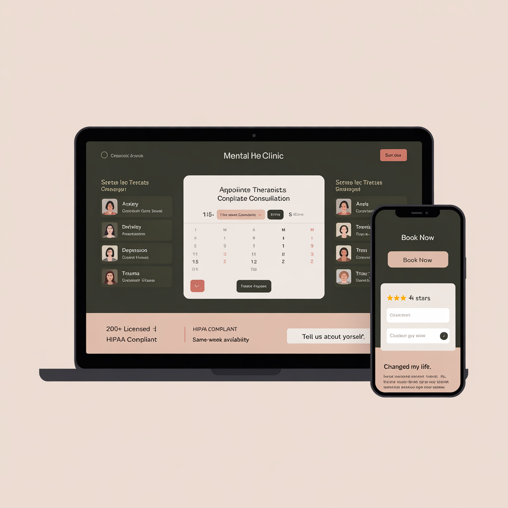 Mental health clinic website on laptop and mobile showing calm booking interface