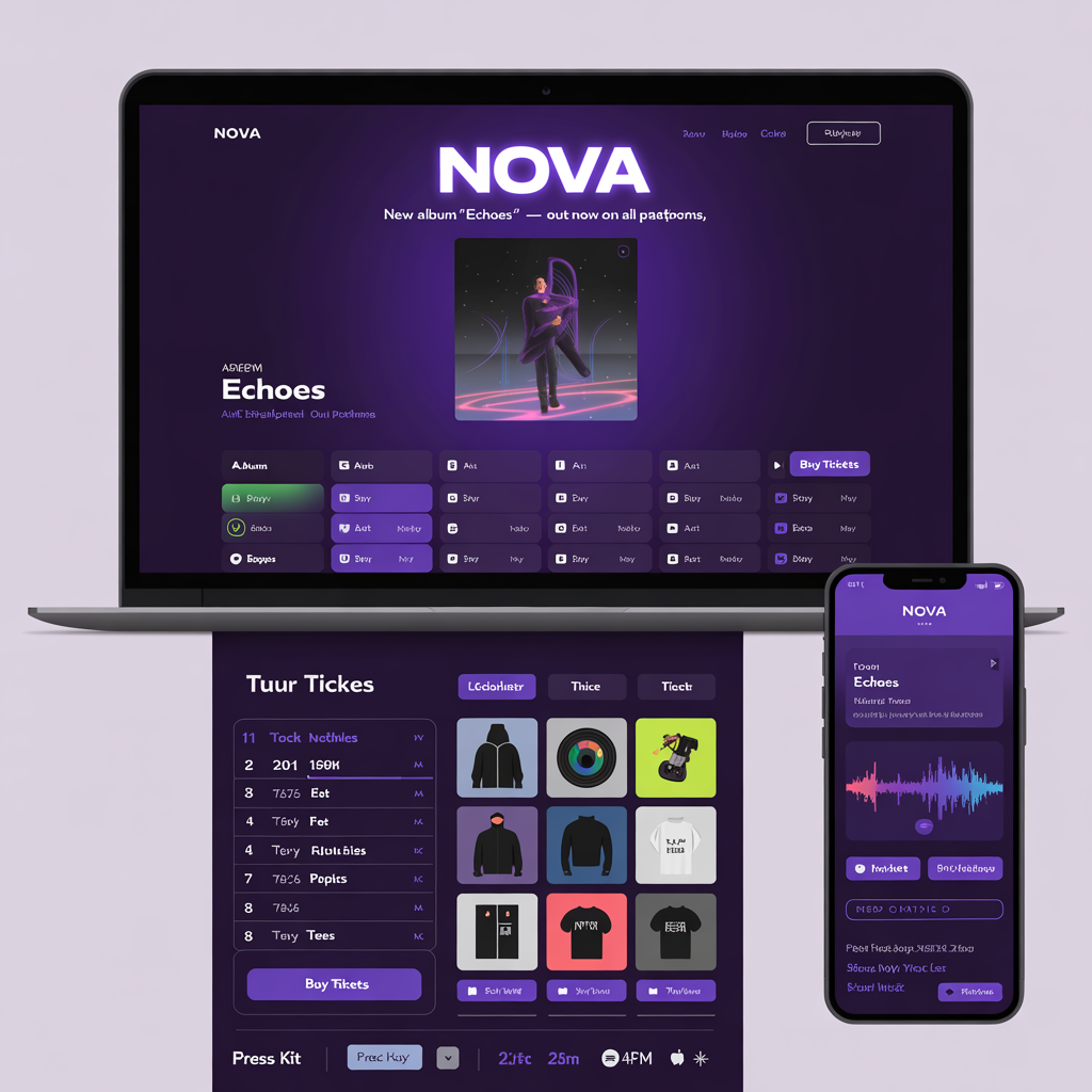 Music artist website with discography, tour dates, and merch store
