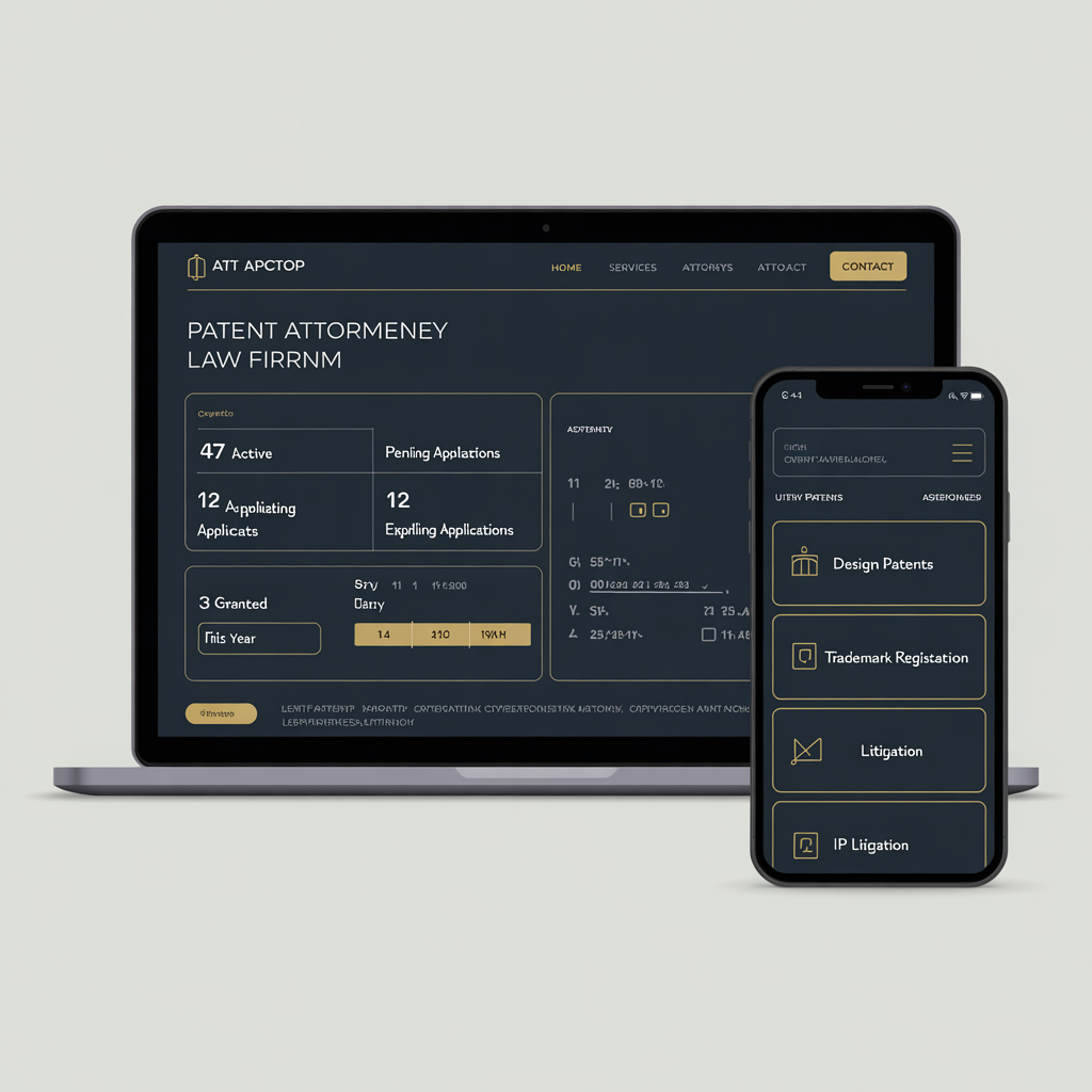 Patent attorney firm website with case tracker and IP portfolio dashboard