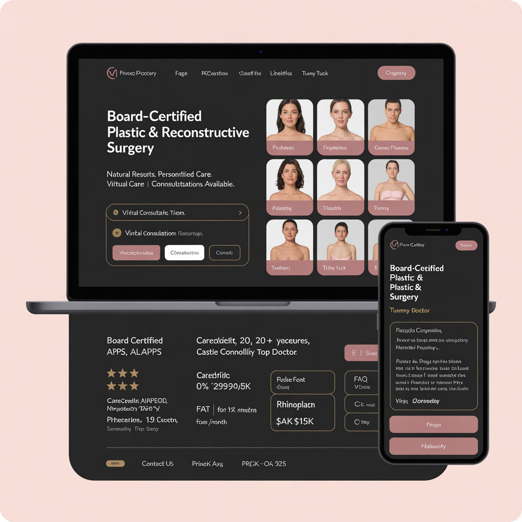 Plastic surgeon website with procedure gallery and virtual consultation booking