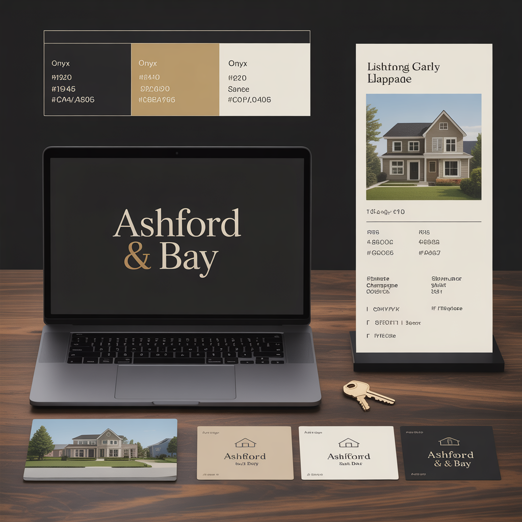Real estate brokerage logo design system with wordmark color palette and listing-presentation templates