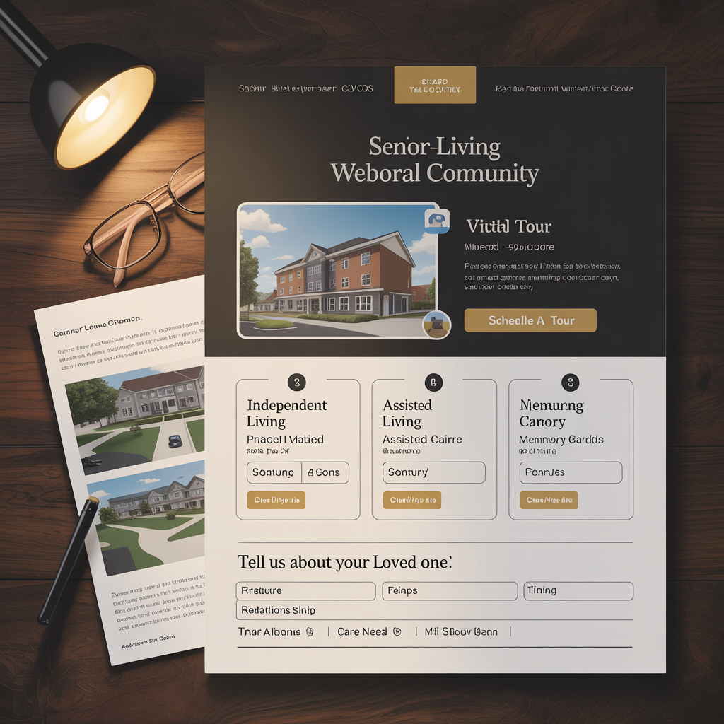 Senior living community site with virtual tour floor plans and inquiry routing