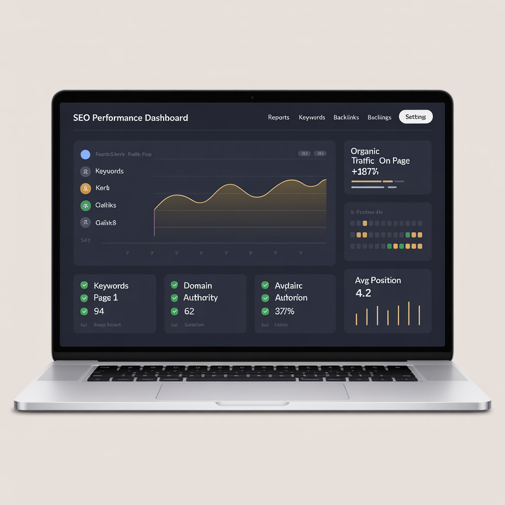 SEO Performance Dashboard showing organic traffic growth, keyword rankings, and Core Web Vitals scores