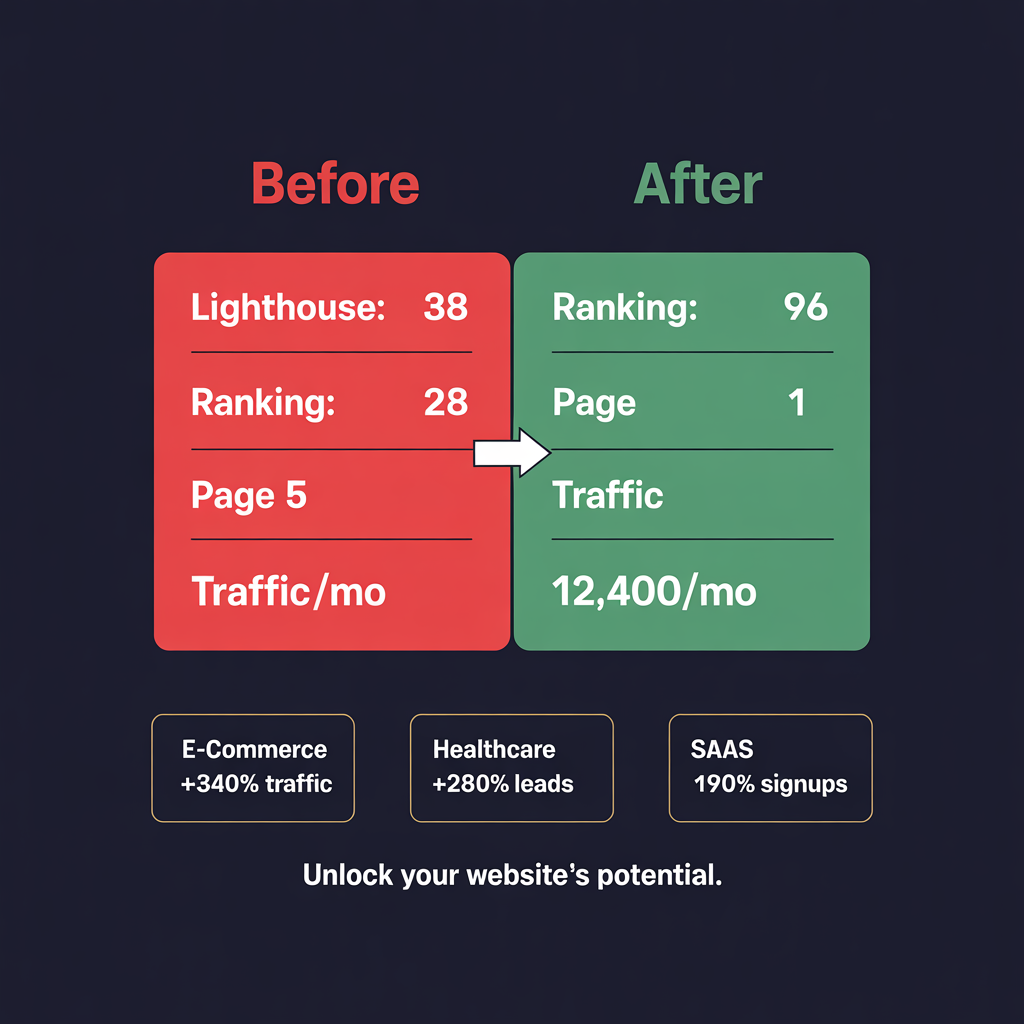 Before and after SEO results comparison showing Lighthouse, ranking, and traffic improvements