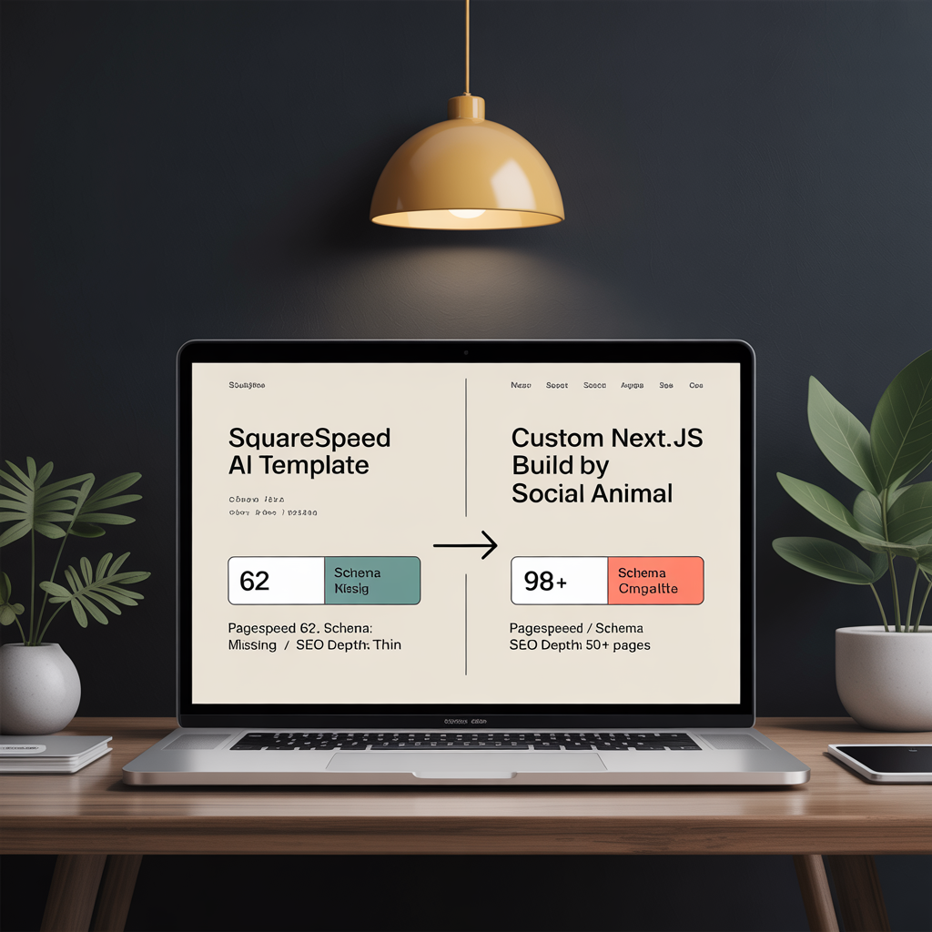 Custom Next.js site outperforming a generic Squarespace AI template across Core Web Vitals