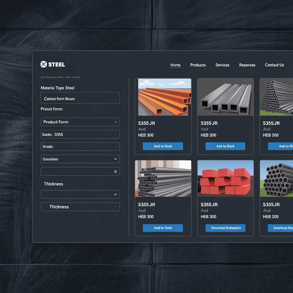 Interactive product catalog with material grade filtering and RFQ integration