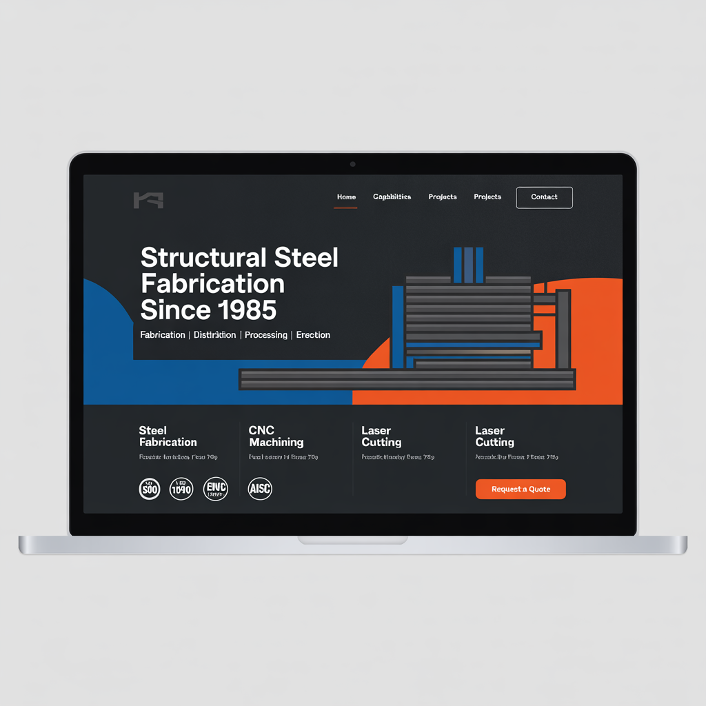 Steel manufacturing website homepage with dark industrial design, fabrication hero, and certification badges