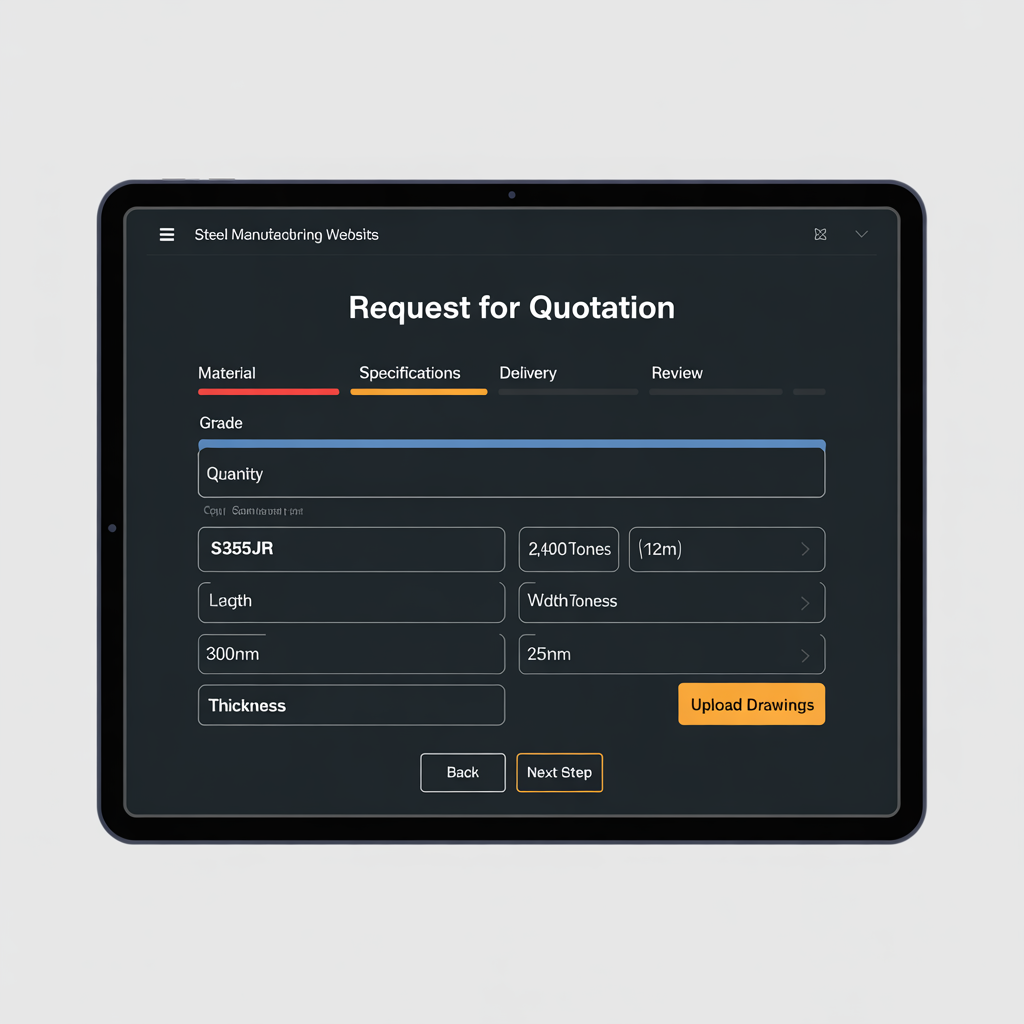 Multi-step RFQ builder form for steel fabrication quote requests