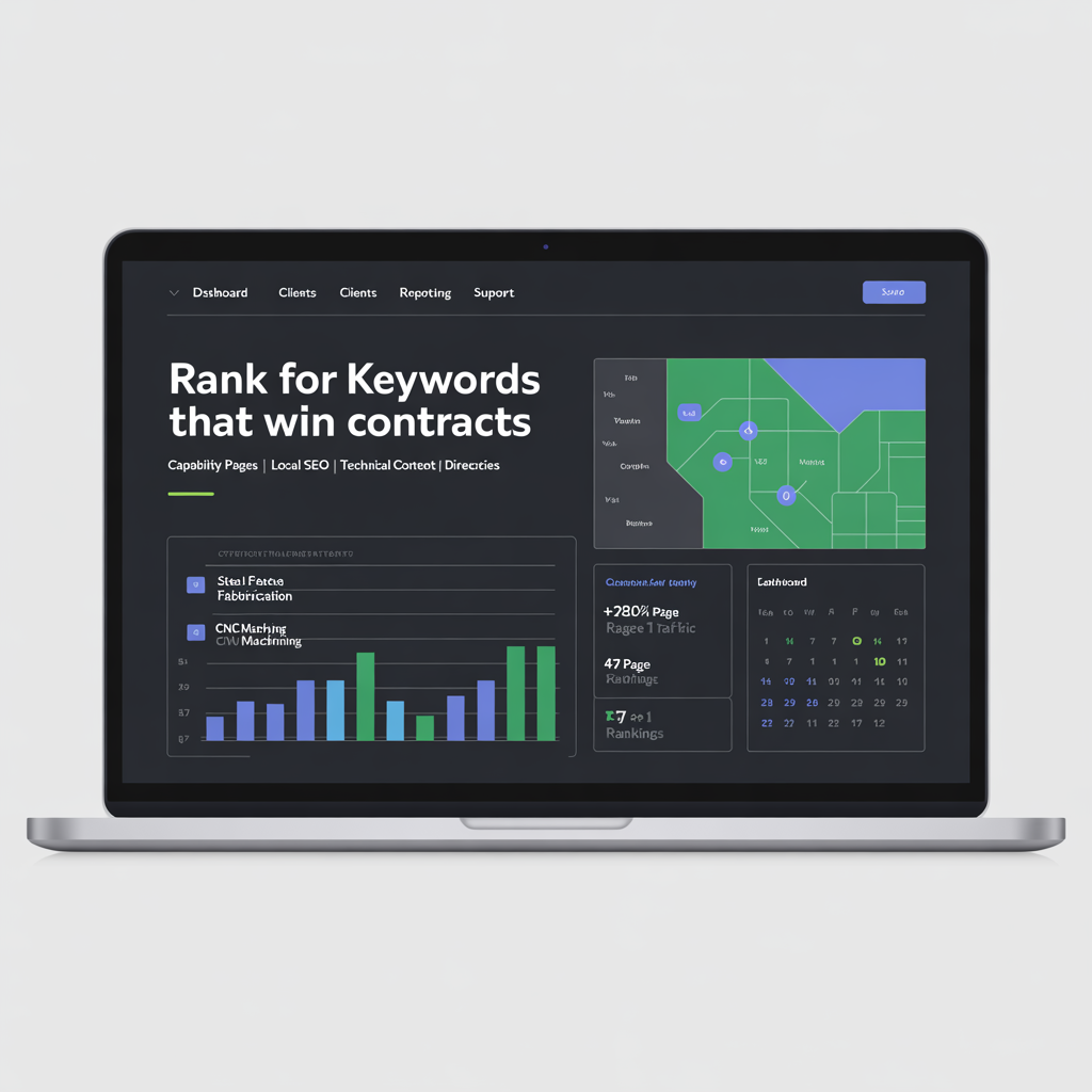 Manufacturing SEO dashboard with keyword rankings and local factory map