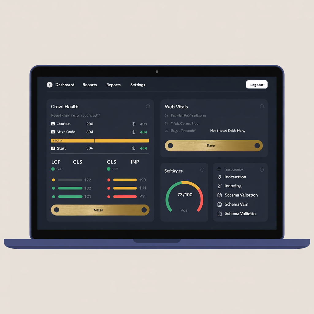 Technical SEO audit dashboard showing crawl health, Core Web Vitals, and indexation status