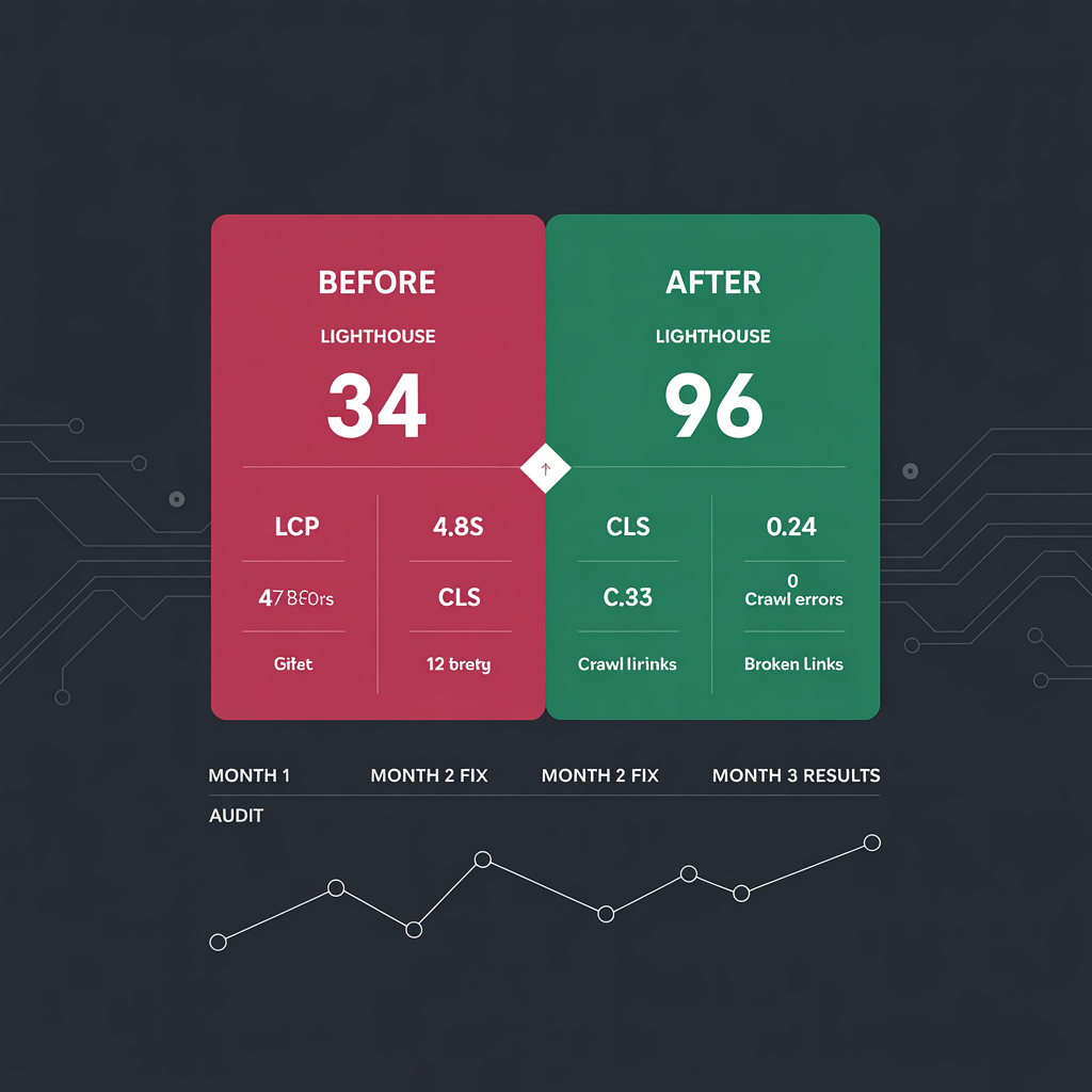 Before and after technical SEO audit results showing Lighthouse, Core Web Vitals, and traffic improvements