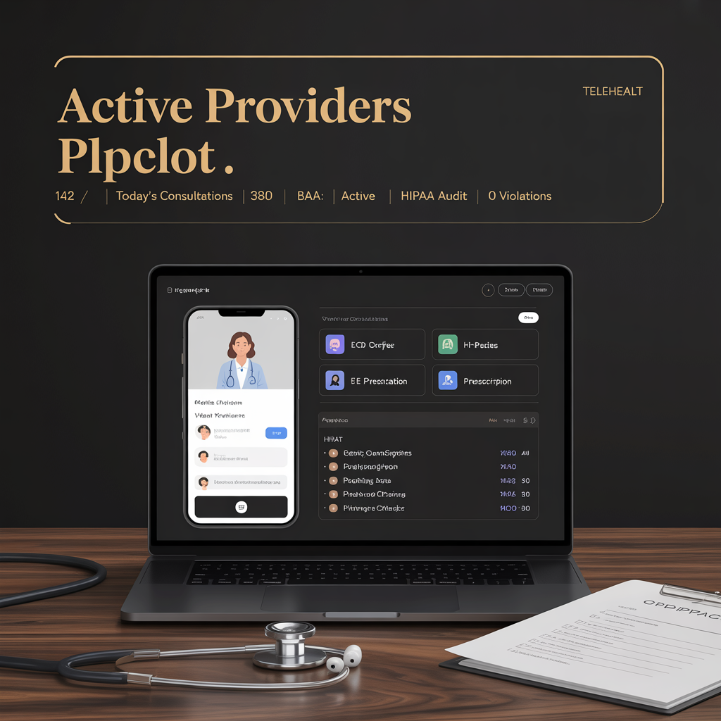 Telehealth mobile app dashboard with HIPAA video consultations EHR integration and e-prescriptions