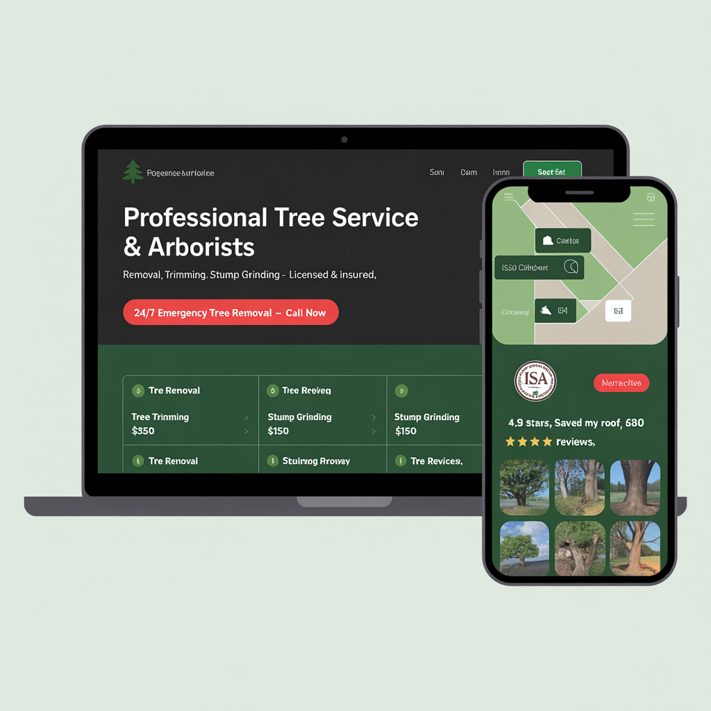 Tree service company website with service booking and emergency call features