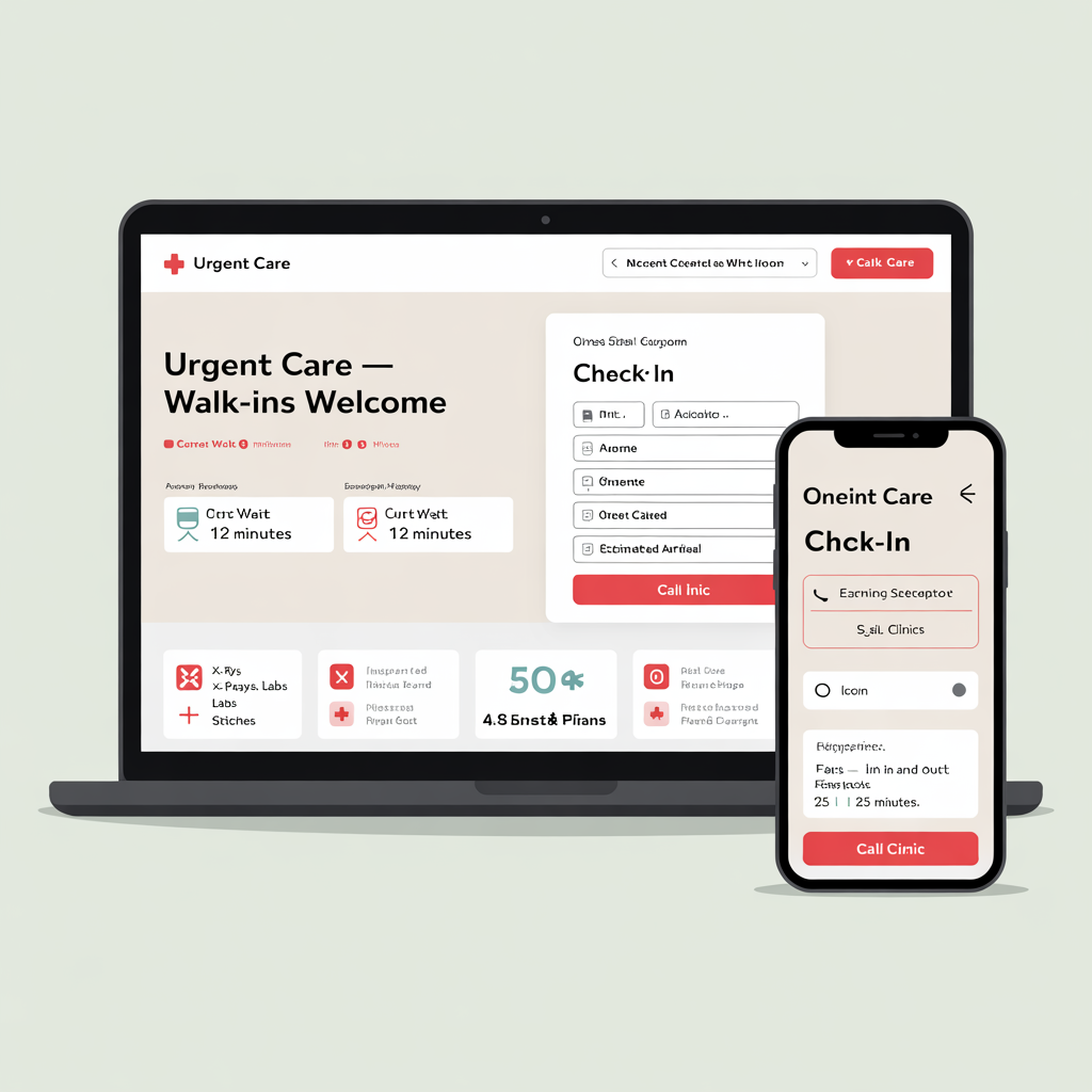 Urgent care clinic website with wait time display and online check-in