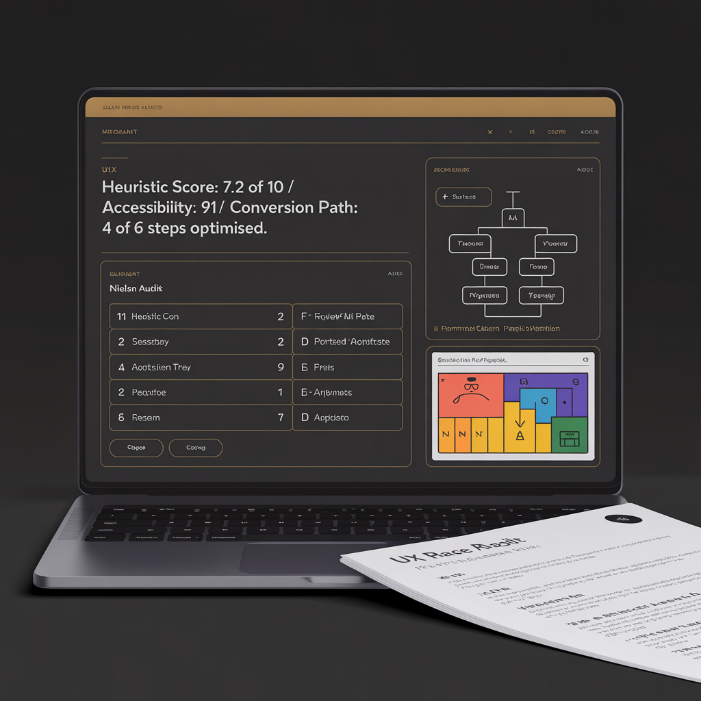 Website UX audit dashboard with heuristic review information architecture accessibility and conversion path mapping