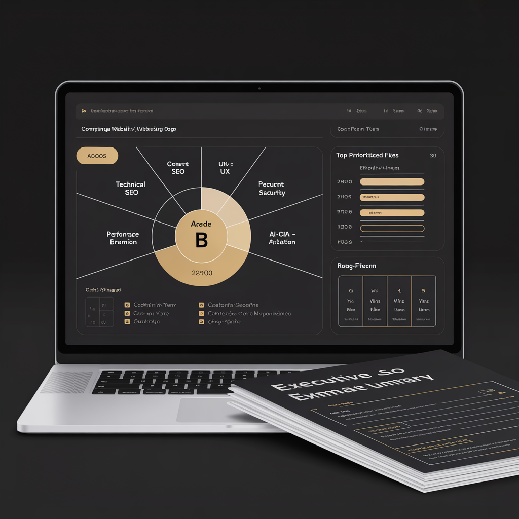 Comprehensive website audit dashboard combining technical SEO content UX security performance and AI-citation readiness