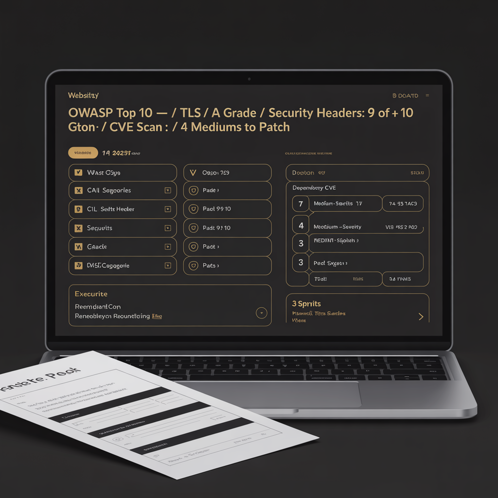 Website security audit dashboard with OWASP Top 10 review TLS headers CSP and CVE scan